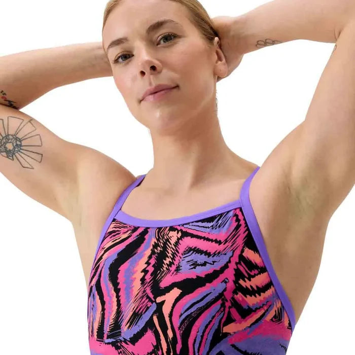 Speedo women's FL printed turnback swimsuit in Fusion Flare and Indigo Glow with vibrant colorful patterns.