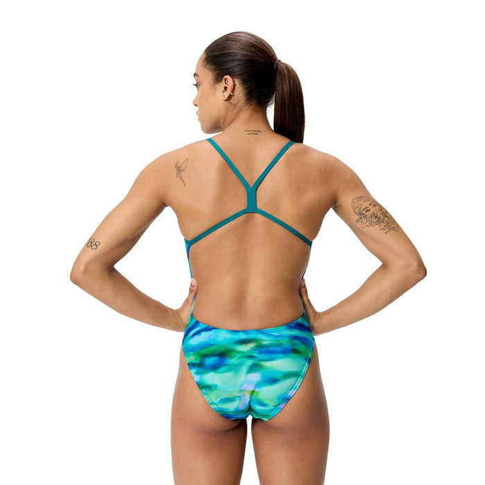 Speedo Women's FL Printed V-Back 2.0 swimsuit in Sunset Grove green with vibrant floral pattern, designed for active swimming.