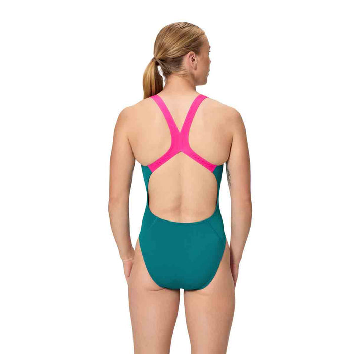 Speedo women's FL Solid Powerback swimsuit in peacock color, featuring a supportive design and sleek swimwear style.