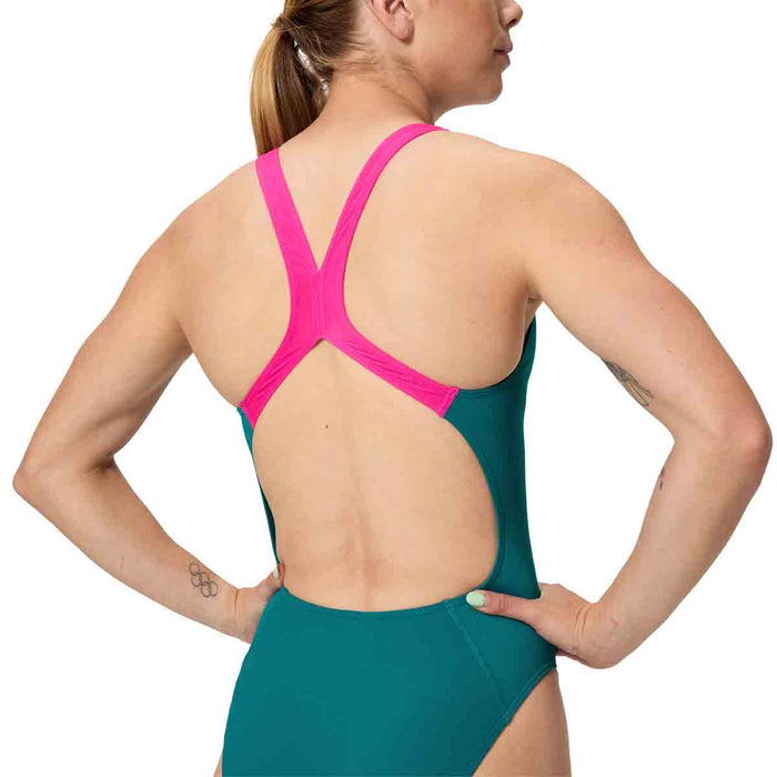 Speedo women's FL Solid Powerback swimsuit in peacock color, featuring a sleek, supportive design for comfortable swimming.