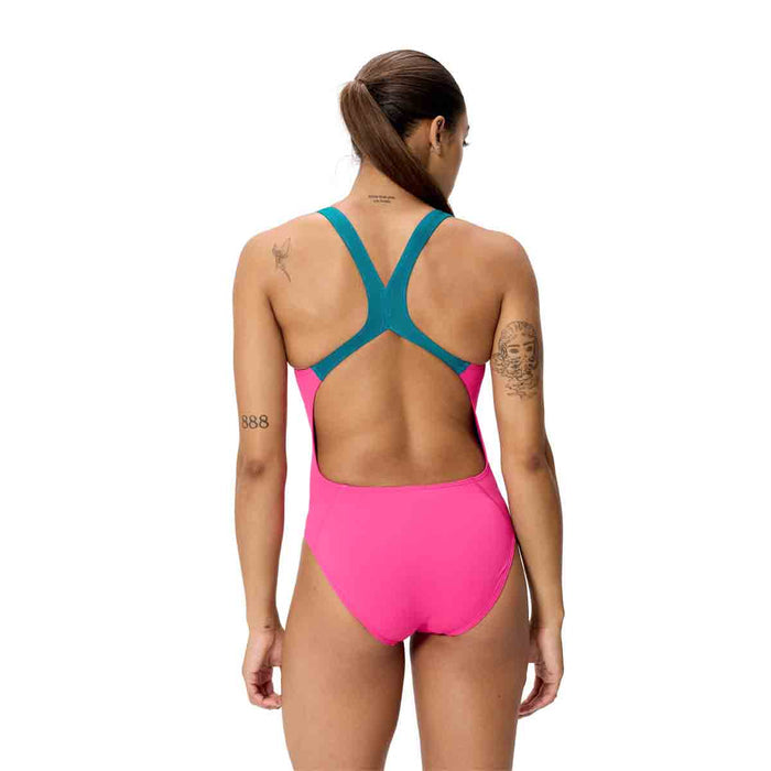Speedo women's FL Solid Powerback swimsuit in punchy pink, featuring a sleek swimwear design with a supportive back.