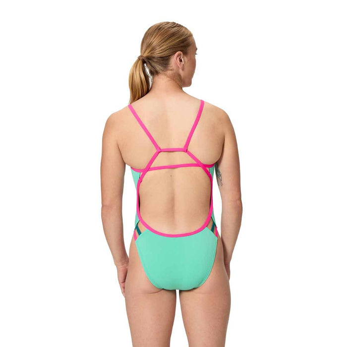 Speedo women's FL Solid Tri Back swimsuit in Aqua Breeze, featuring a sleek, supportive design for swimming and water activities.
