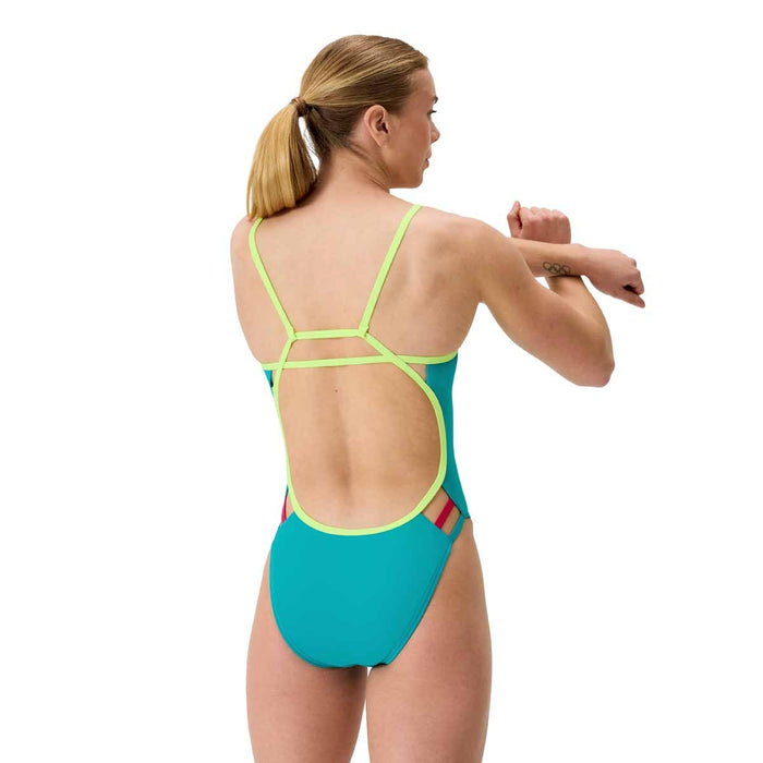 Speedo women's FL Solid Tri Back swimsuit in turquoise gem and hyper yellow, featuring a sleek, supportive design for swimming.