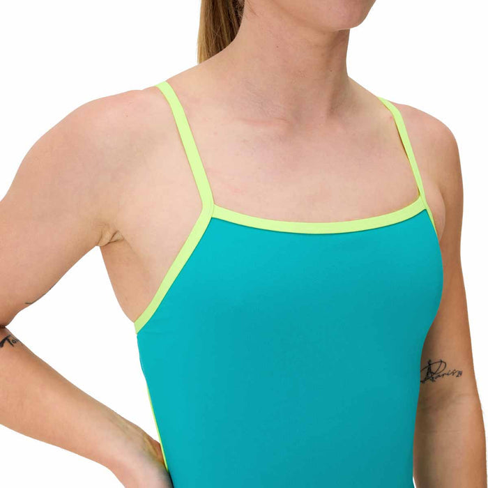 Speedo women's FL Solid Tri Back swimsuit in turquoise gem and hyper yellow, featuring a sleek design and supportive fit.