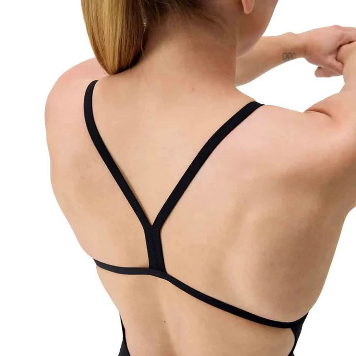Speedo Women's FL Solid V-Back 2.0 swimsuit in black, featuring a sleek design and supportive fit, ideal for swimming and water activities.