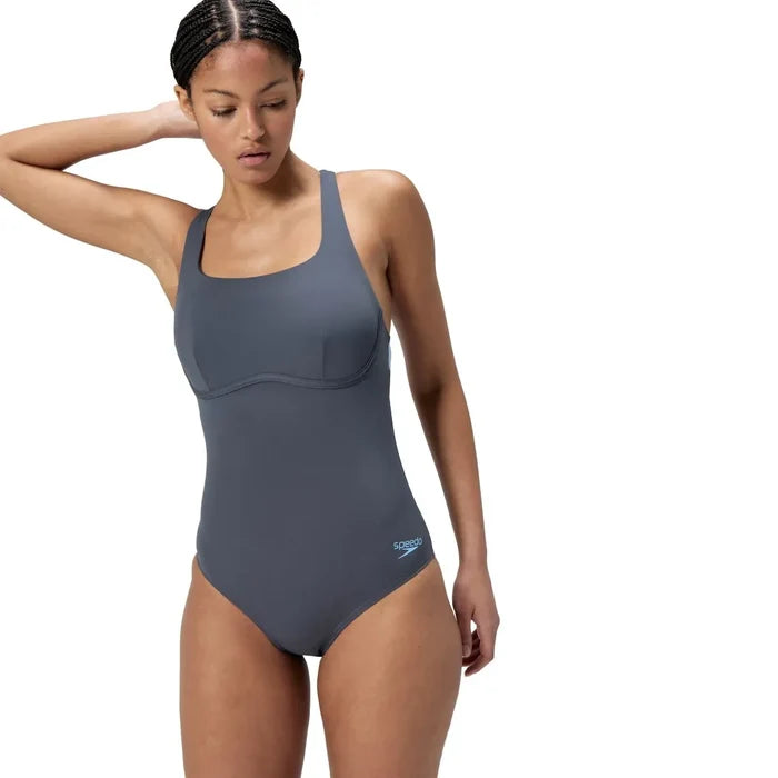 Speedo women's Flex Band swimsuit with integrated swim bra in grey lead, featuring a sleek, supportive design for active swimming.