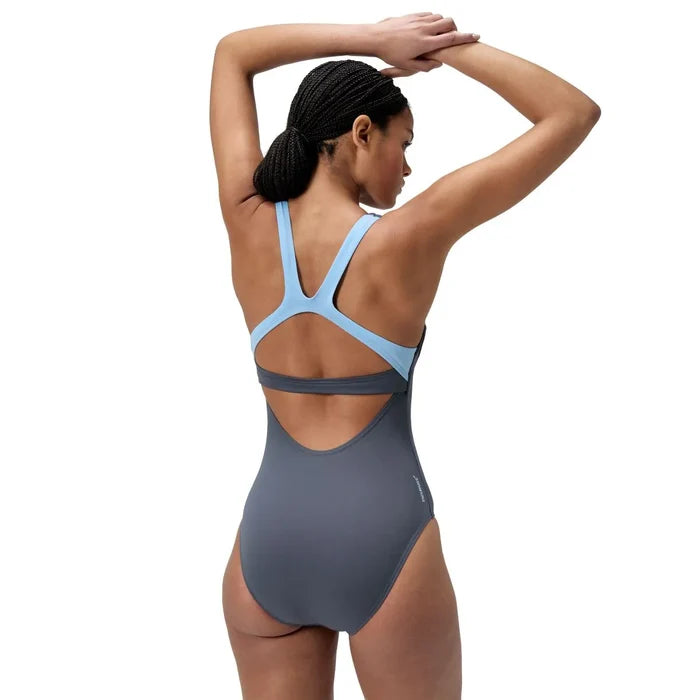 Speedo women's Flex Band swimsuit with integrated swim bra in grey lead, featuring a sleek, supportive design for active swimming.