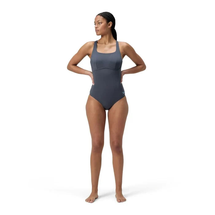 Speedo women's Flex Band swimsuit with integrated swim bra in grey lead, featuring a sleek, supportive design for active swimming.