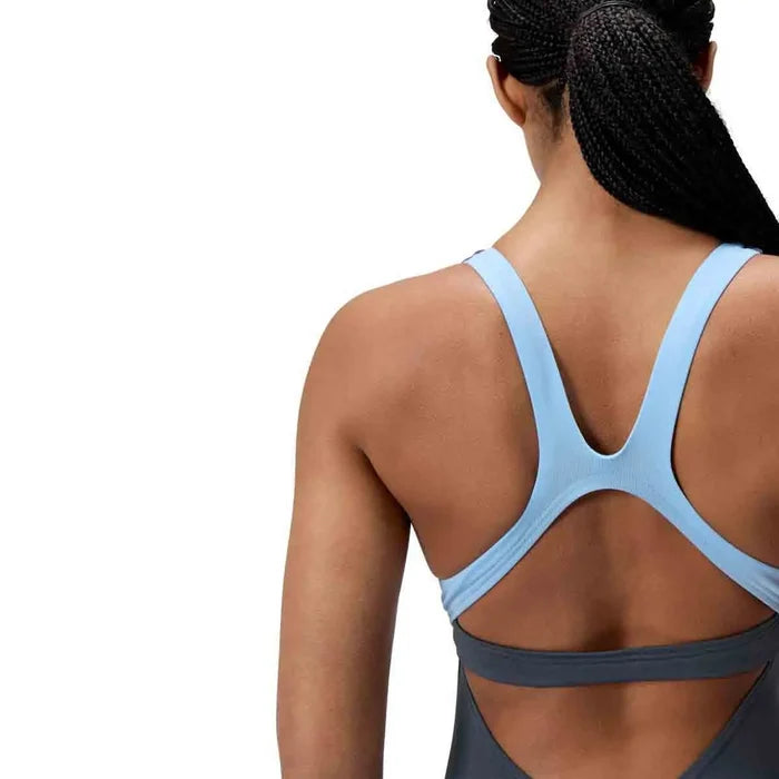 Speedo women's Flex Band swimsuit with integrated swim bra in grey lead, featuring a sleek, supportive design for active swimming.