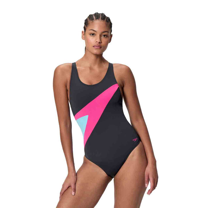 Speedo women's HyperBoom butterfly back swimsuit in anthracite and margarita pink, featuring sleek design and supportive fit.
