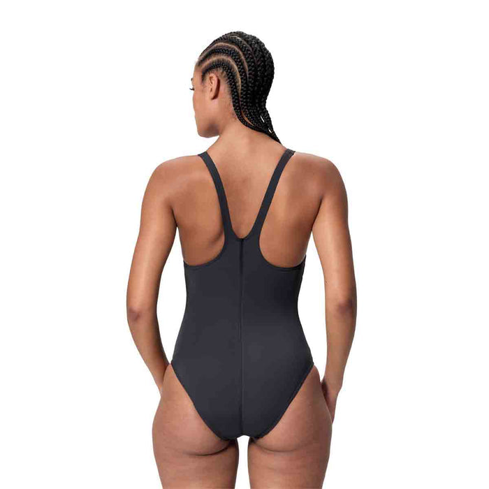 Speedo women's HyperBoom butterfly back swimsuit in anthracite and margarita pink, featuring a sleek swimwear design.