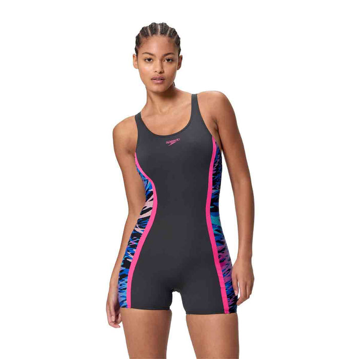 Speedo Women's HyperBoom Splice Muscleback Legsuit in anthracite and margarita pink, featuring sleek design and supportive fit.