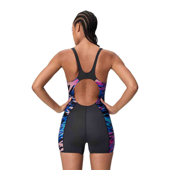 Speedo Women's HyperBoom Splice Muscleback Legsuit in anthracite and margarita pink, showing the sleek design and vibrant colors.
