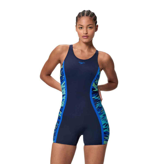 Speedo women's HyperBoom Splice muscleback legsuit in peacoat and deep sapphire, showing the sleek design and muscleback style.