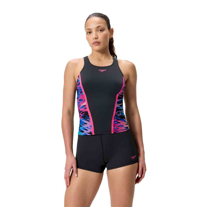 Speedo women's HyperBoom Splice Tankini in anthracite and margarita pink, showcasing the stylish swim top with vibrant color blocking.