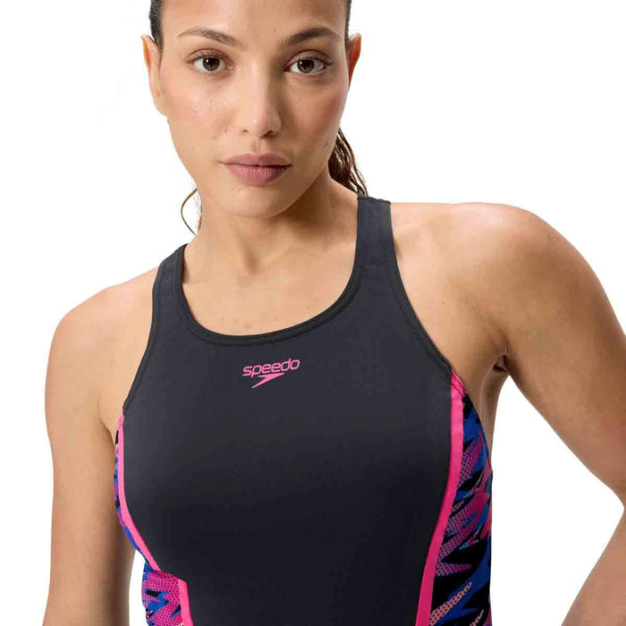 Speedo Women's HyperBoom Splice Tankini in anthracite and margarita pink, featuring a stylish swim top with bold color blocking.