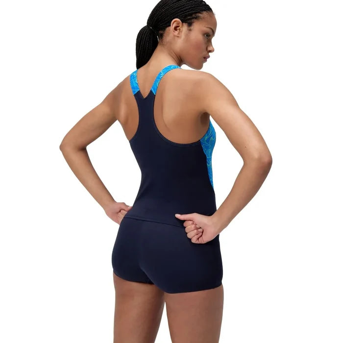 Speedo Women's HyperBoom Splice Tankini in Lagoon Blue, featuring a stylish swimsuit with a sleek, colorful splice design.