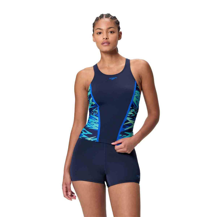 Speedo Women's HyperBoom Splice Tankini in Peacoat and Pale Clover, featuring a stylish swimwear design and supportive fit.