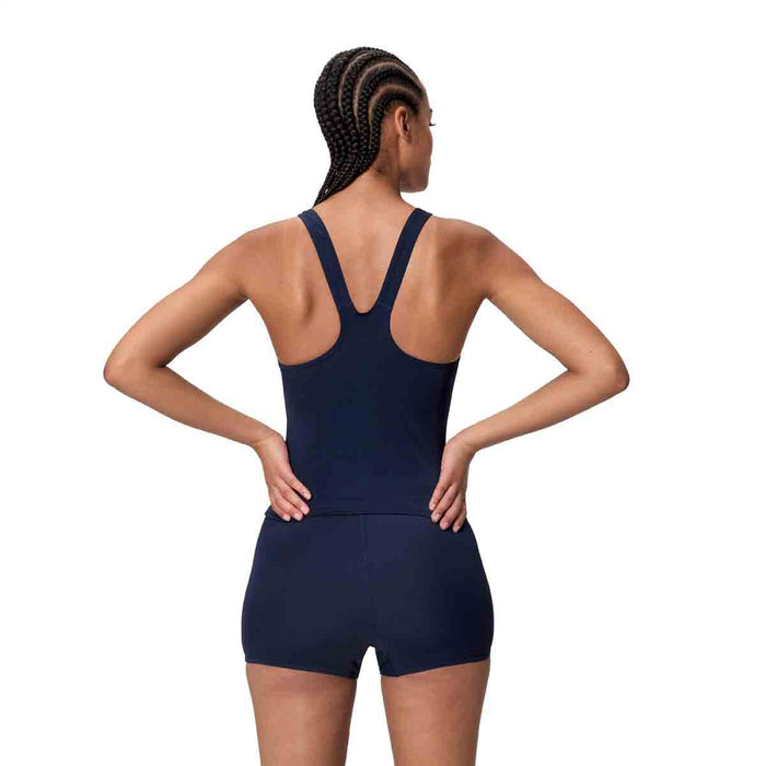 Speedo Women's HyperBoom Splice Tankini in Peacoat and Pale Clover, showcasing a stylish swim top with vibrant color blocking.