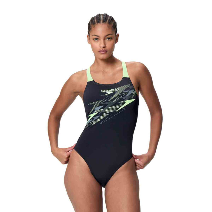 Speedo Women's Medley Logo Medalist Swimsuit in anthracite and pale clover, sleek one-piece swimwear with logo detail.