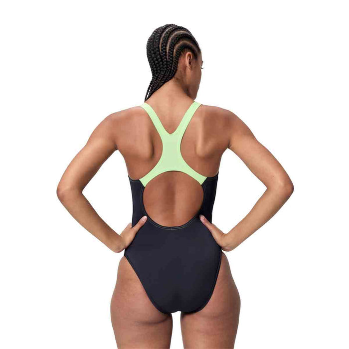 Speedo women's Medley Logo Medalist swimsuit in anthracite and pale clover, featuring a sleek design and supportive fit.