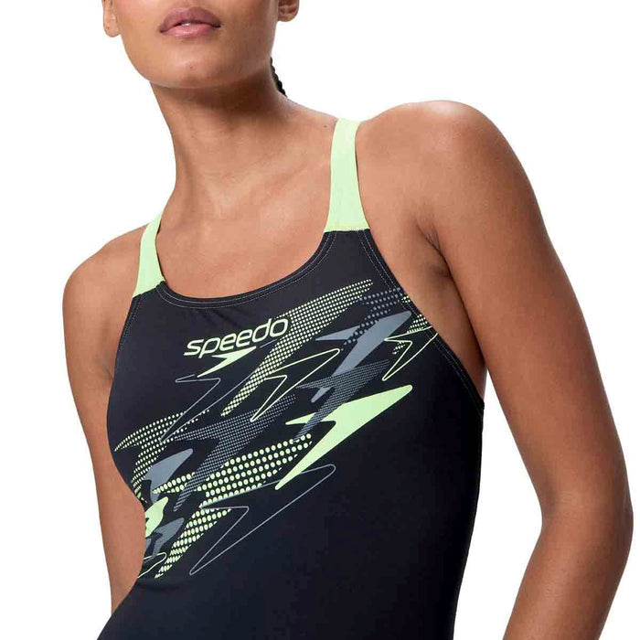 Speedo women's Medley Logo Medalist swimsuit in anthracite and pale clover, featuring a sleek design and logo detail.