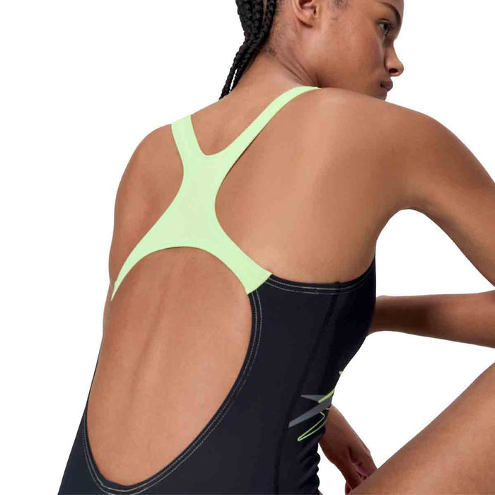 Speedo women's Medley Logo Medalist swimsuit in anthracite and pale clover, featuring a sleek design and Speedo branding.