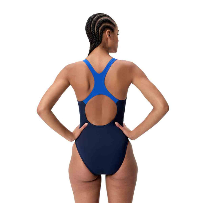 Speedo Women's Medley Logo Medalist Swimsuit in Peacoat and Deep Sapphire, featuring a sleek, fitted design for competitive swimming.