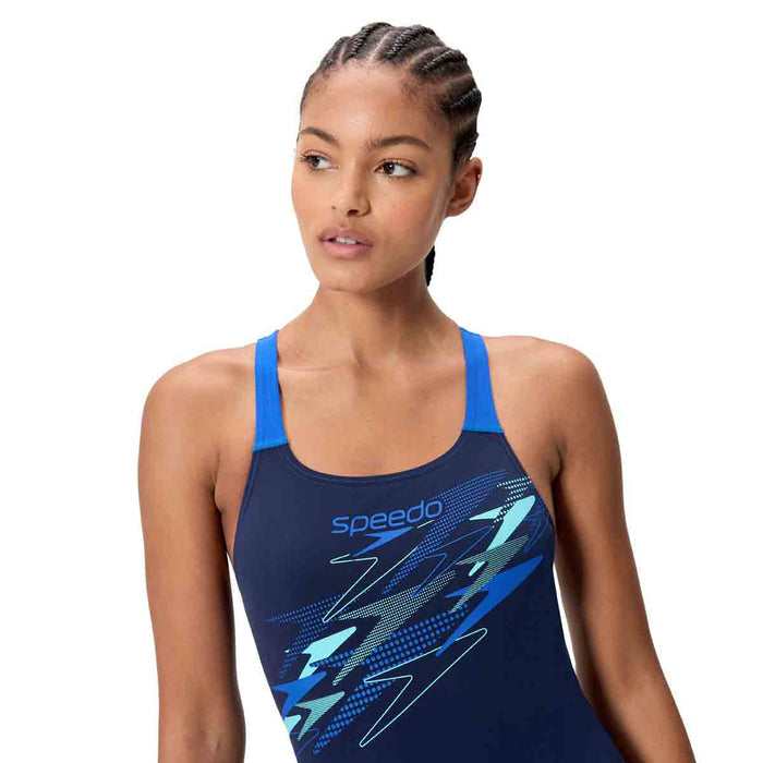 Speedo women's Medley Logo Medalist swimsuit in Peacoat and Deep Sapphire, featuring a sleek, fitted design with logo detail.