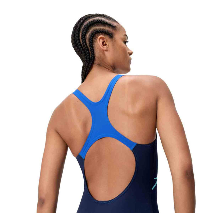 Speedo women's Medley Logo Medalist swimsuit in peacoat and deep sapphire, featuring a sleek, fitted design with logo accents.