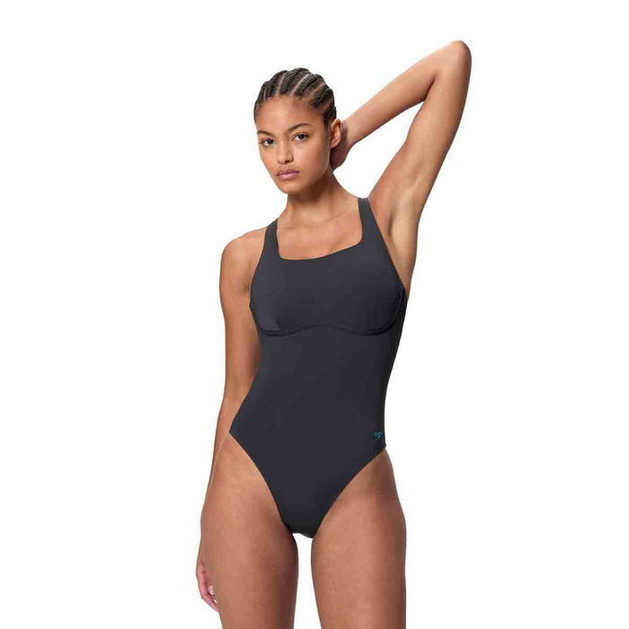 Speedo women's solid Flex Band swimsuit in anthracite and Mayan blue, featuring a sleek, supportive design ideal for swimming.