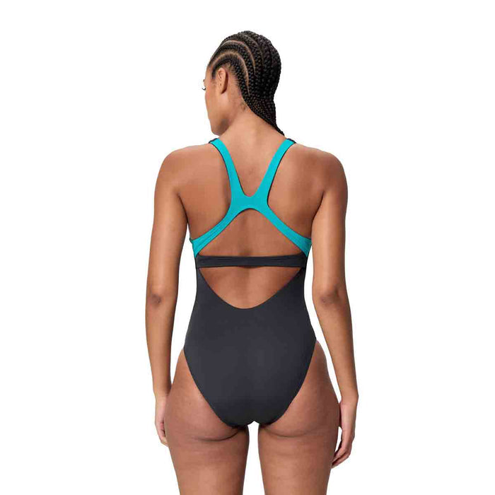 Speedo women's solid flex band swimsuit in anthracite and Mayan blue, featuring a sleek, supportive design for swimming.