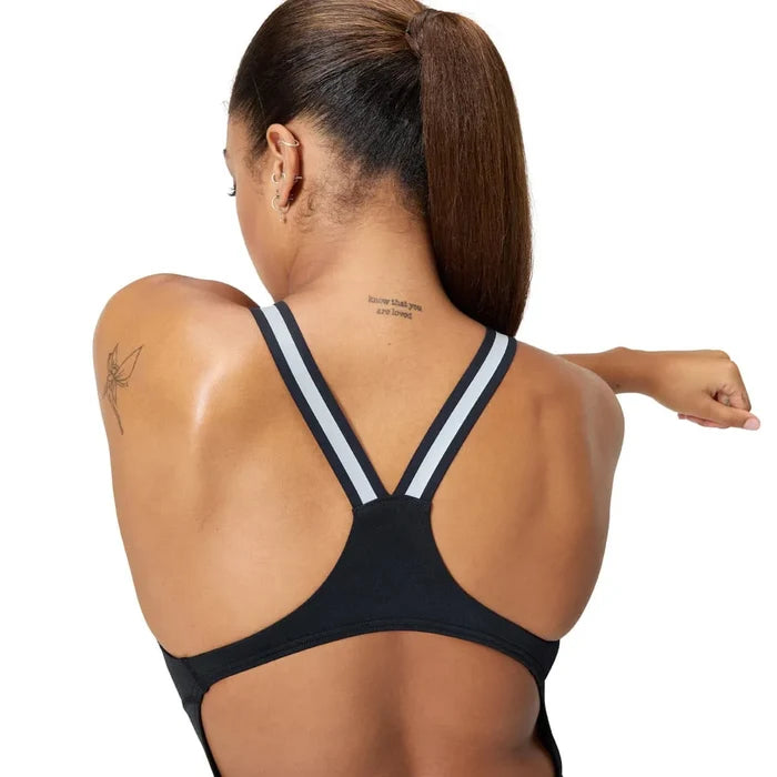 Speedo women's Vanquisher performance back swimsuit in black and silver, featuring a sleek athletic design for swimming.