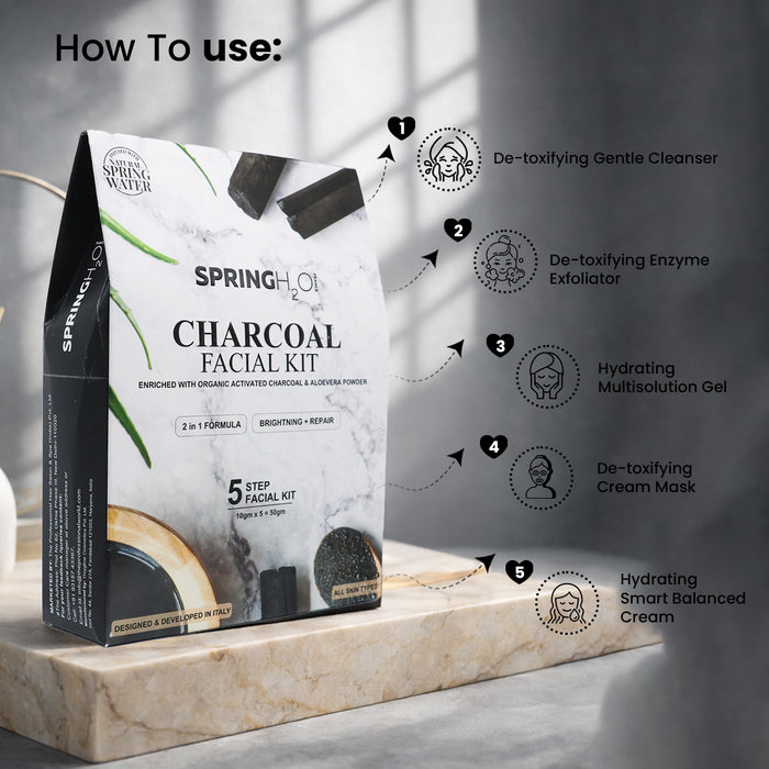 SPRING H2O Charcoal Facial Kit 50 gm 2 in 1 Formula Brightning+Repair 5 Step Pack of 2