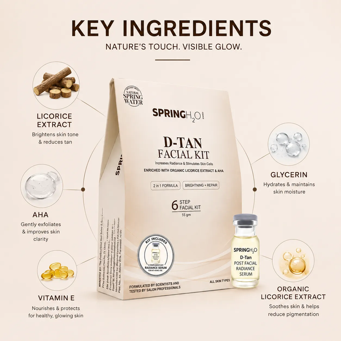 SPRING H2O D-TAN Facial Kit 55 gm 2 in 1 Formula Brightening Repair 6 Step