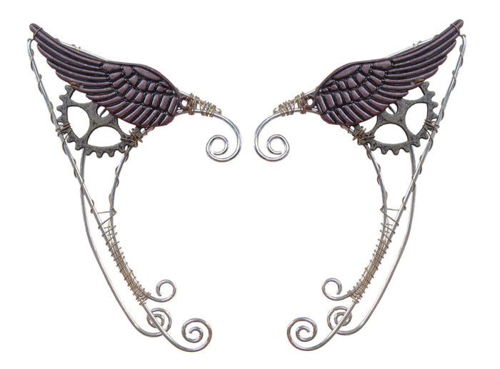 Steampunk silver wing elf ear wraps with gear detail, no piercing, front view