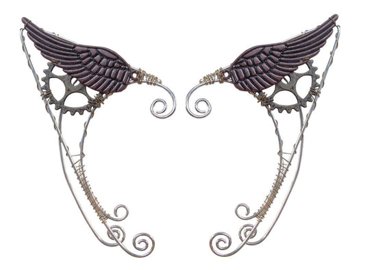 Steampunk silver wing elf ear wraps with gear detail, no piercing, front view