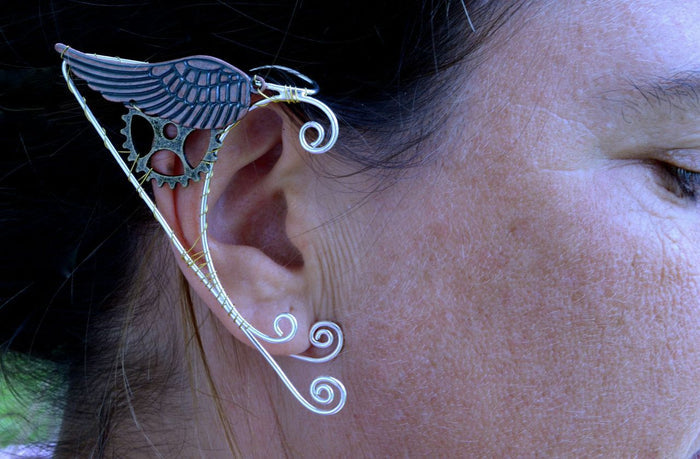 Model wearing Steampunk Silver Wing Elf Ear Wraps - Lightweight No Piercing