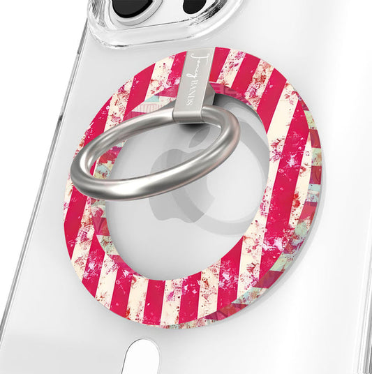 Sugar & Static distressed pink and cream candy stripe MagSafe phone grip ring with silver rotating ring and kickstand, matching Wavy Luxe iPhone case by Fancy Bands