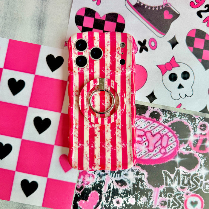Sugar & Static distressed pink and cream candy stripe MagSafe phone grip ring with silver rotating ring and kickstand, matching Wavy Luxe iPhone case by Fancy Bands