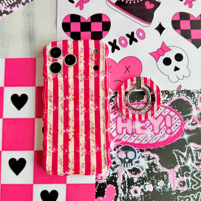 Sugar & Static distressed pink and cream candy stripe MagSafe phone grip ring with silver rotating ring and kickstand, matching Wavy Luxe iPhone case by Fancy Bands