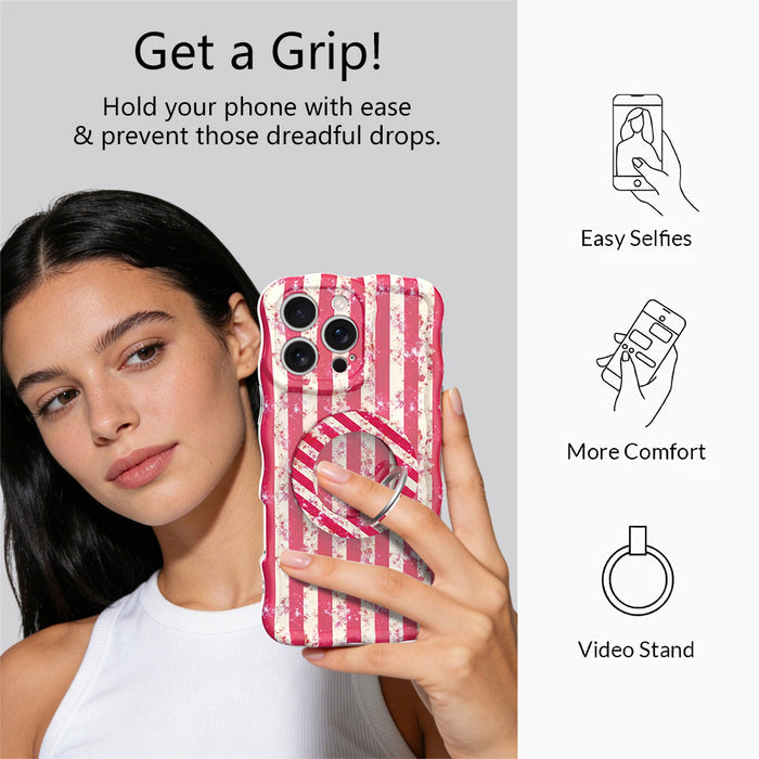 Sugar & Static distressed pink and cream candy stripe MagSafe phone grip ring with silver rotating ring and kickstand, matching Wavy Luxe iPhone case by Fancy Bands