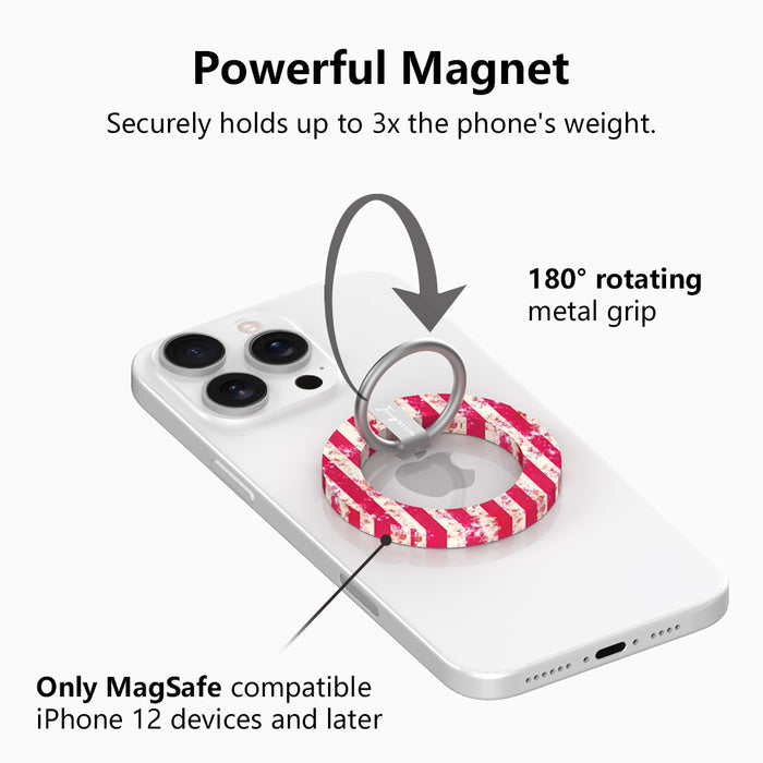 Sugar & Static distressed pink and cream candy stripe MagSafe phone grip ring with silver rotating ring and kickstand, matching Wavy Luxe iPhone case by Fancy Bands