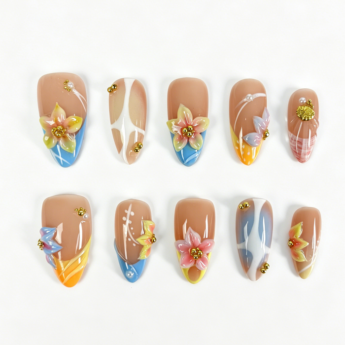 Medium Almond Press On Nails, Color Gradient 3D Floral Gold Bead Pearl Fake Nail Set