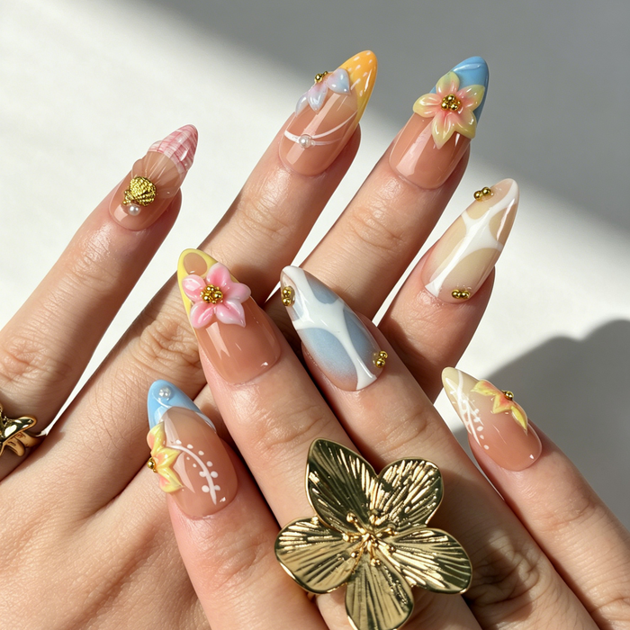 Summer Gradient Floral Press On Nails, Nude Colorful Flower Nails on Hand