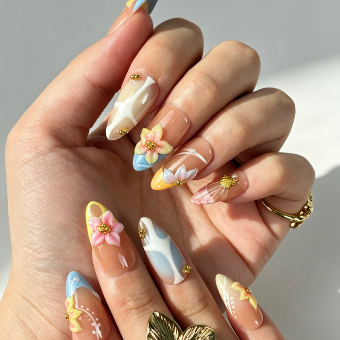 Close Up Nail Art, 3D Colorful Flower Gold Bead Pearl Decor