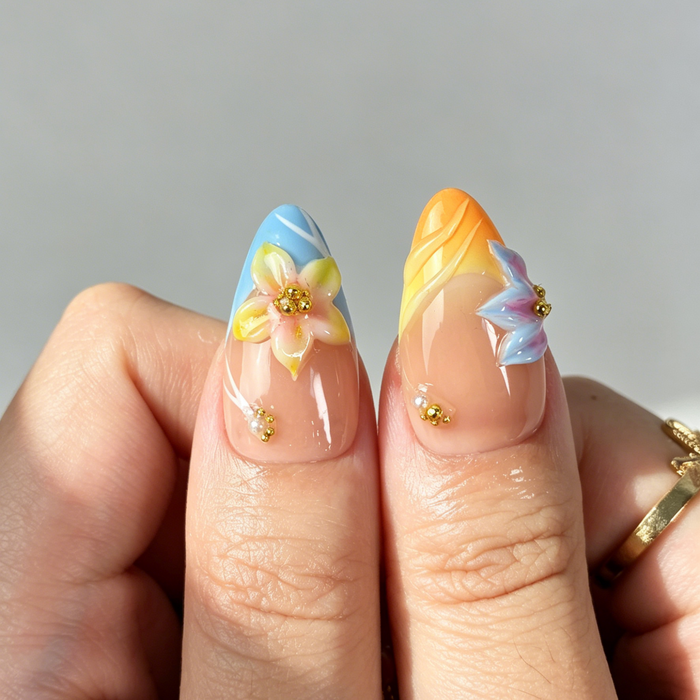 Vibrant Floral Press On Nails, Medium Almond Nude Gradient Fake Nails