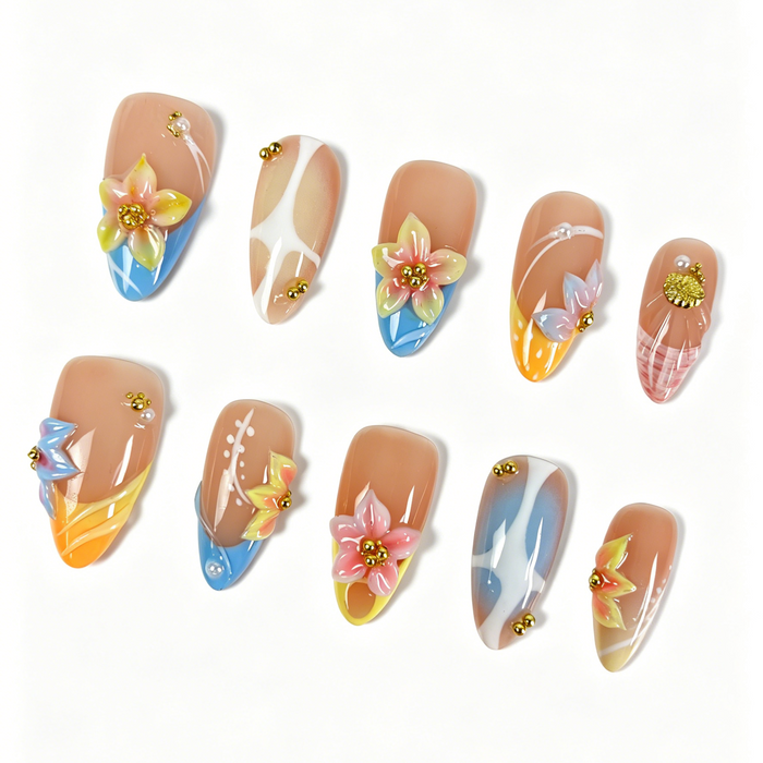 Glossy Medium Almond Tropical Summer False Nails Sunset Floral Seashell Ornaments