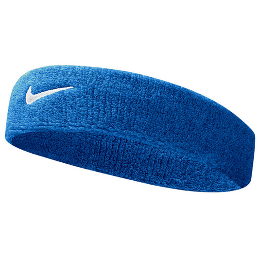 Blue Nike Swoosh headband, athletic hair accessory with Nike logo, designed for comfort and style during sports or workouts.