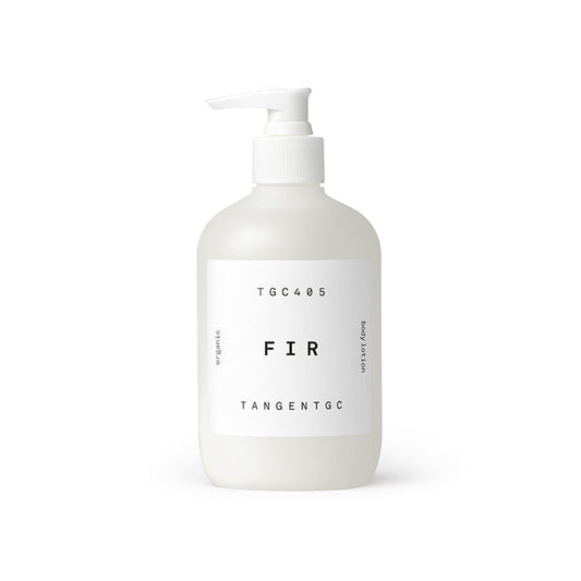 A white pump bottle labeled 'Tangent GC Fir' for body lotion.